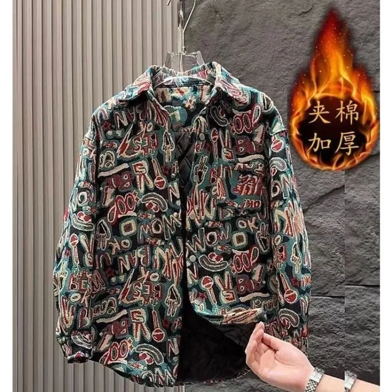 

Cotton-thickened Fashion Printed Casual Jacket for Men's Fashionable Versatile Loose Lapel Jacket Top