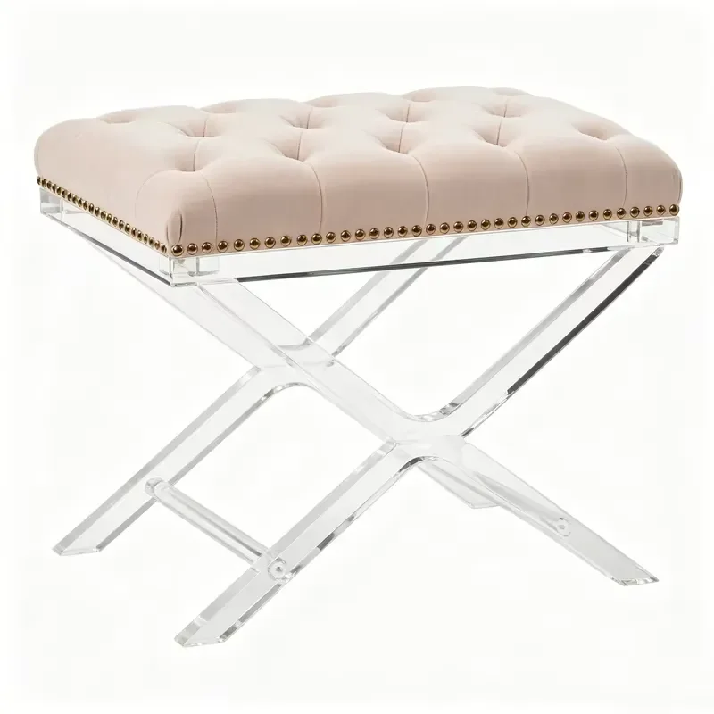 White Faux Fur Acrylic Stool with Shoe Storage Rack Multifunctional Bench for Living Room Home Decor Modern Clear Seat