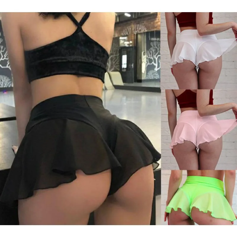 Falda corta transparente con borde de volantes de cintura alta para mujer, Mini pantalones cortos plisados ajustados para Fitness, lencería Sexy