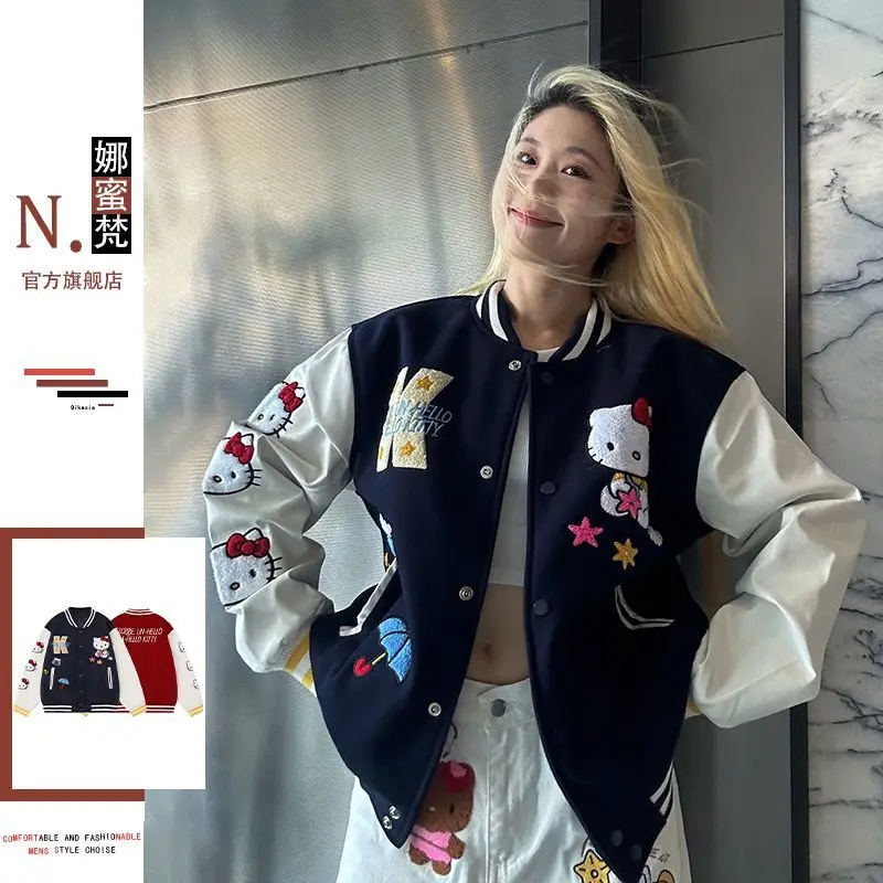 

Sanrio HelloKitty бейсбольная форма с вышивкой, женская осенне-зимняя свободная повседневная студенческая куртка с героями мультфильмов, куртка для пар для мальчиков, топ