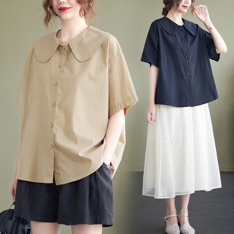 Casual Cotton Blend Doll Collar irt Women's Loose Fit Summer Top ort Sve Anti-Aging Slimming Korean Sle Commute Wear
