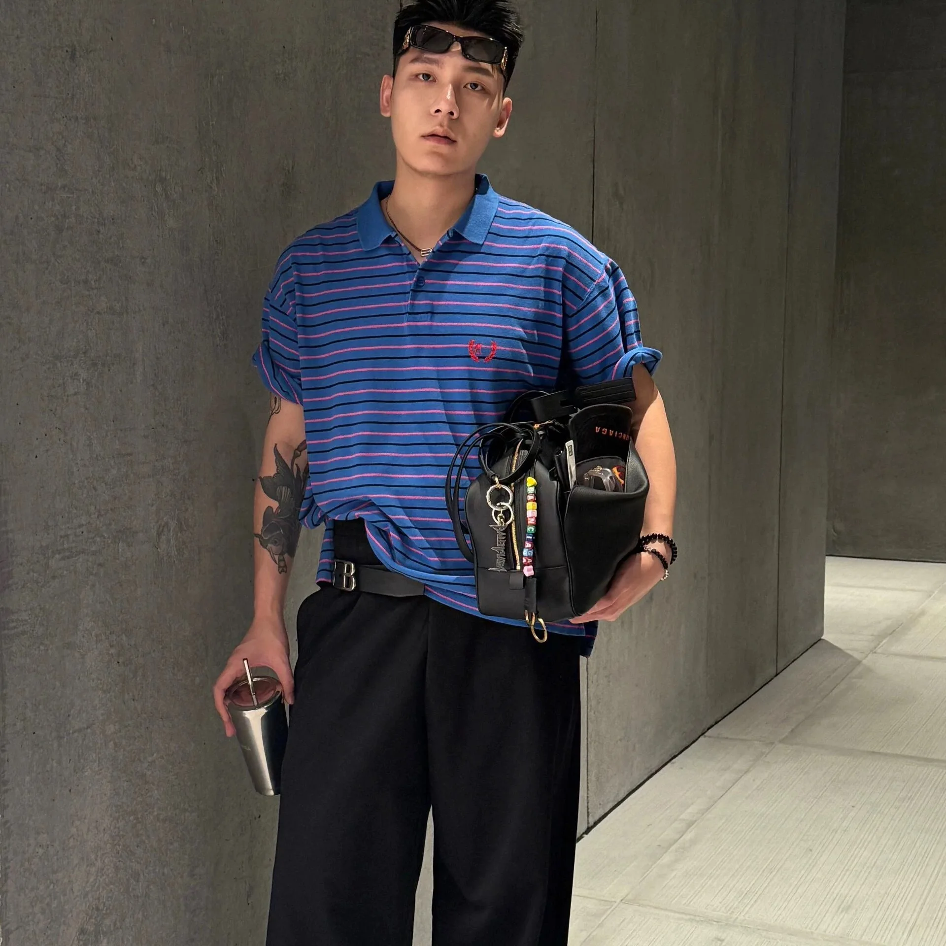 Fashionable Short Sleeve  Shirt Embroidered Wheat Ear Logo Turn-down Collar Striped Pattern Unisex Breathable Summer Wear