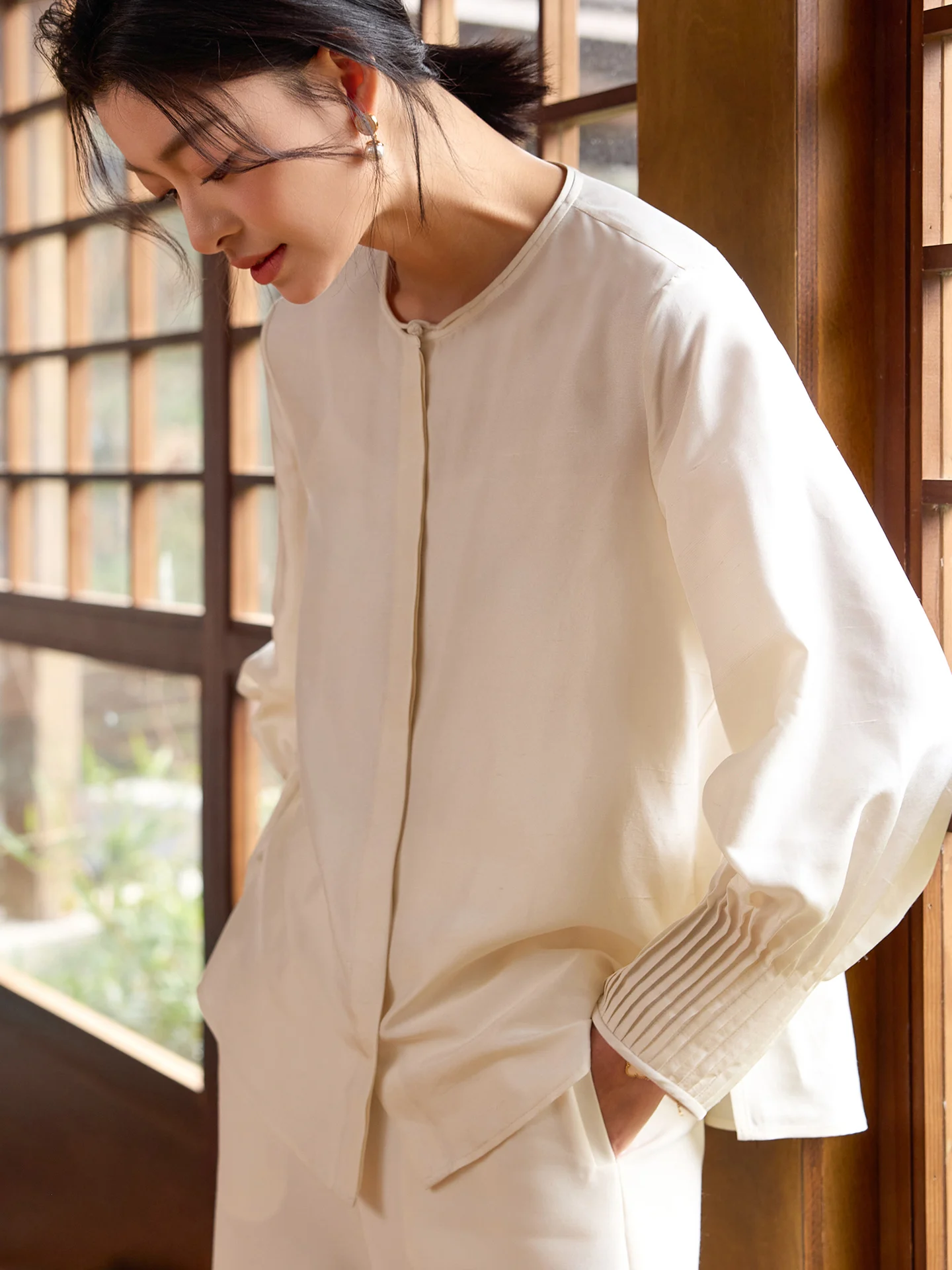 Feiyi Tang Spring Silk Double  Bubble Sleeve Shirt Women's Inner Wear Base Shirt Vintage Chinese Style Short Top