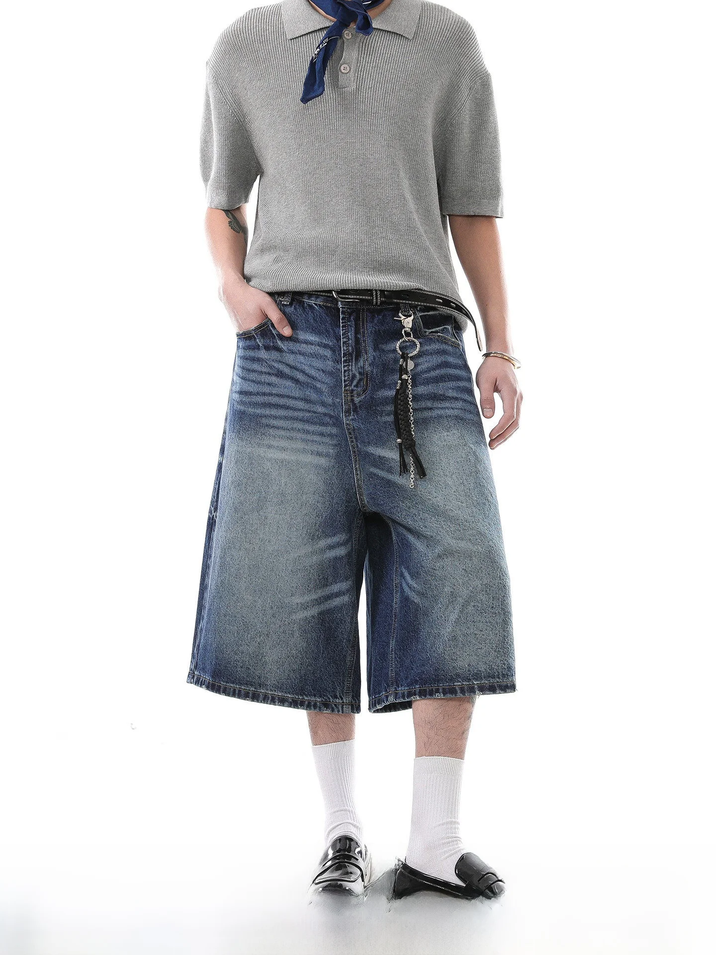 

American Retro Watered Jeans Shorts Men Summer New Straight Loose Seven Pants Youth Trendy Commute Style Cotton Blend