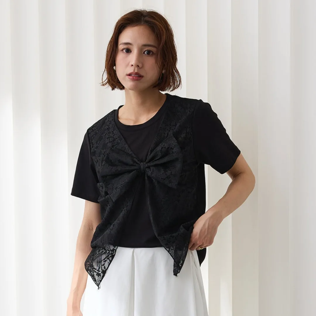Summer New Style Japanese Cross Border Cotton Short Sleeve T-Shirt  Knot Splicing Anti-Aging Slimming Trendy Top