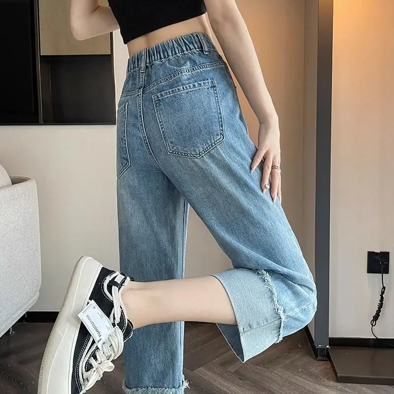 Pantalones vaqueros de pierna ancha prensados de verano para niñas, pantalones vaqueros finos sueltos, pantalones casuales de moda para mujeres, pantalones de chándal, pantalones vaqueros para adolescentes, pantalones para niñas