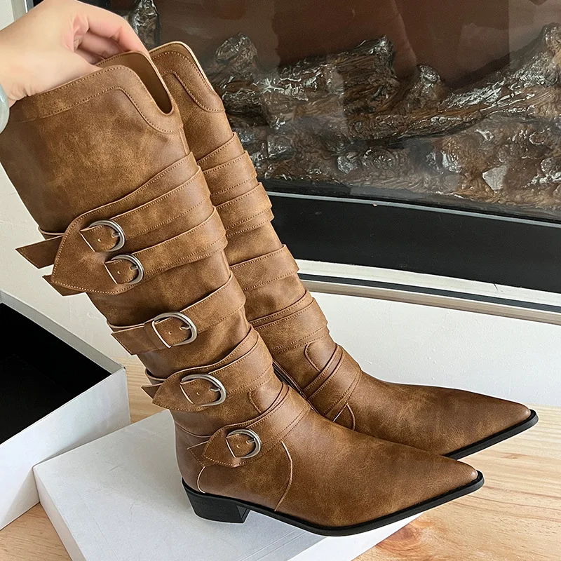 

Women Black Knee High Boots Multiple Buckle Straps Fashionable Pointed Toe Flat Heel Boots Stylish Edgy Boots for Autumn Winter