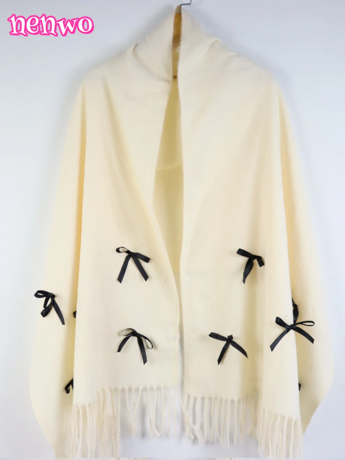 

Шарф-шаль с белым бантом, однотонный, универсальный, милый, милый, зимний, теплый, в стиле японского, корейского, мягкий