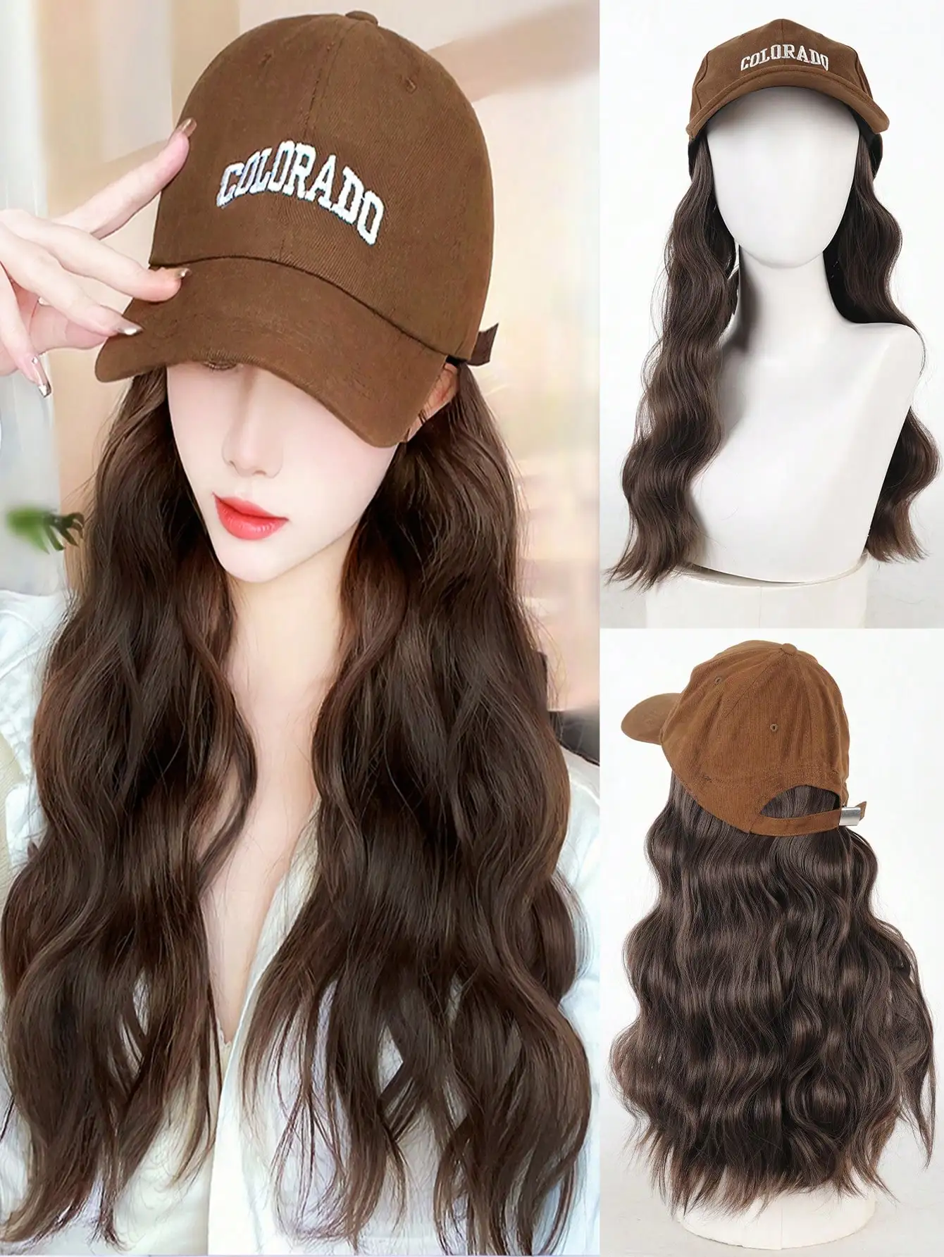 Baseball Cap Wig,Coffee colored Baseball Hat Wig,14 Inch Middle Long Body Wave Synthetic Cool Brown Wig For Women