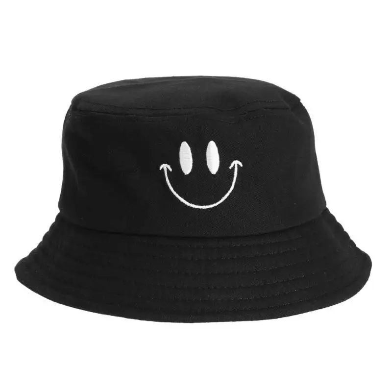 Smile Face Embroidery  Summer Bucket Hat Men\'s Pure Color Panama Fedoras Outdoor Fisherman Hat Visor Basin Cap Beach Hat