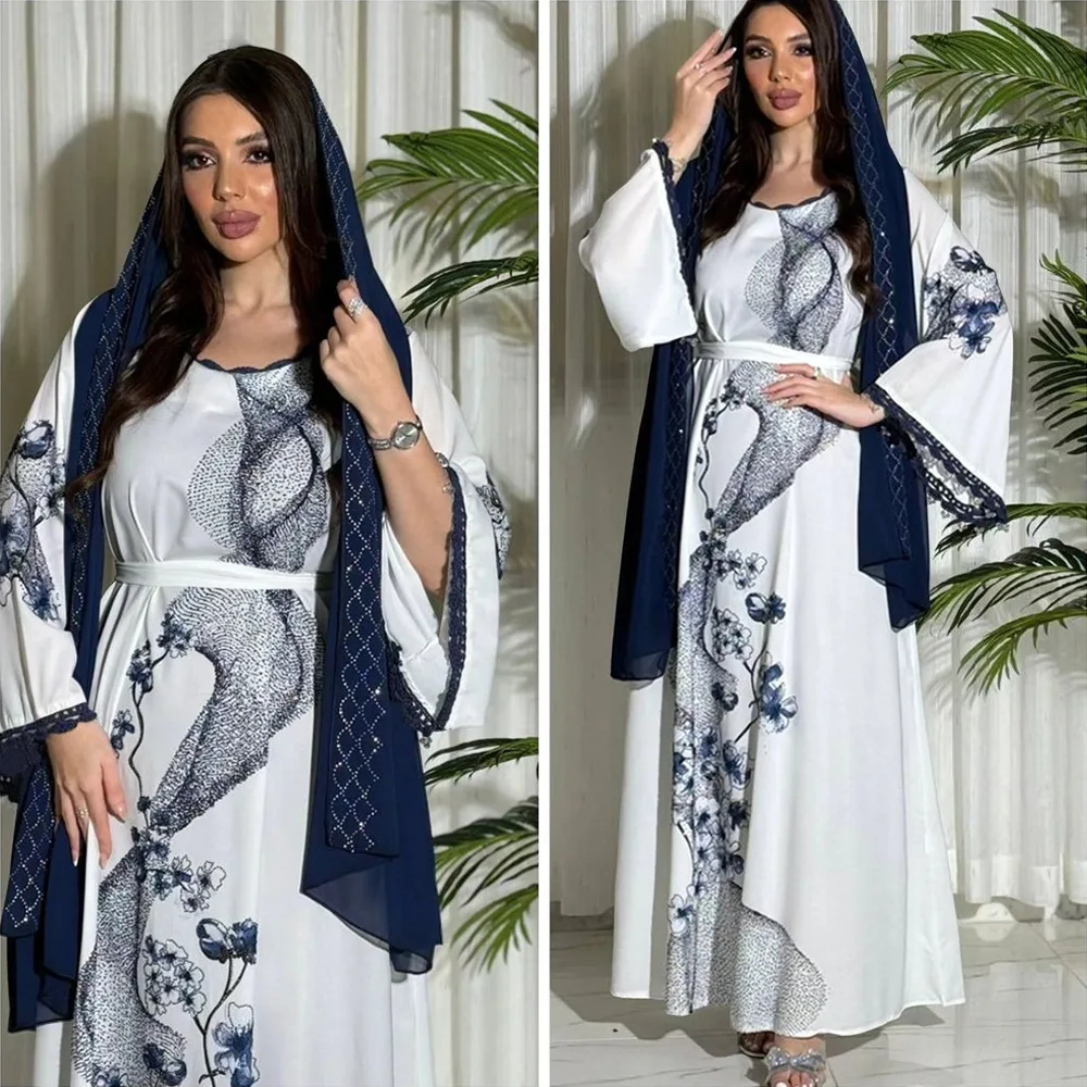 2 pezzi Set fiori abito stampato con cintura a fascia Abaya Hijab velo moda diamanti abito musulmano pizzo taglio caftano donna abito lungo