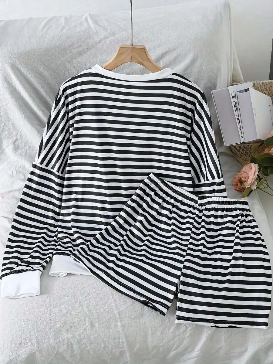 

2-Piece Womens Striped Pajama Set Long Sleeve Top And Shorts Comfortable Casual Sleepwear