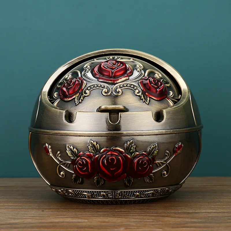 

2025 New Ashtray Zinc Alloy Windproof Semi Closed Cover 3D Enamel Design Globe Ashtray Large-bronze-red flowers