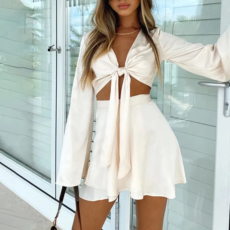 Sexy Y2k Two Piece Set Women Autumn White Lantern Long Sleeve Crop Cardigan Tops Elegant Suits Lace Up Wrap Sexy Mini Skirts