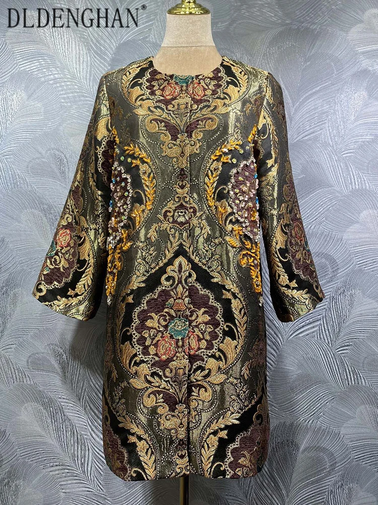 

DLDENGHAN Sequins Diamonds Vintage Jacquard Coat For Women O-Neck 4/3 Sleeved Concealed Button Outerwear Fashion Autumn Female