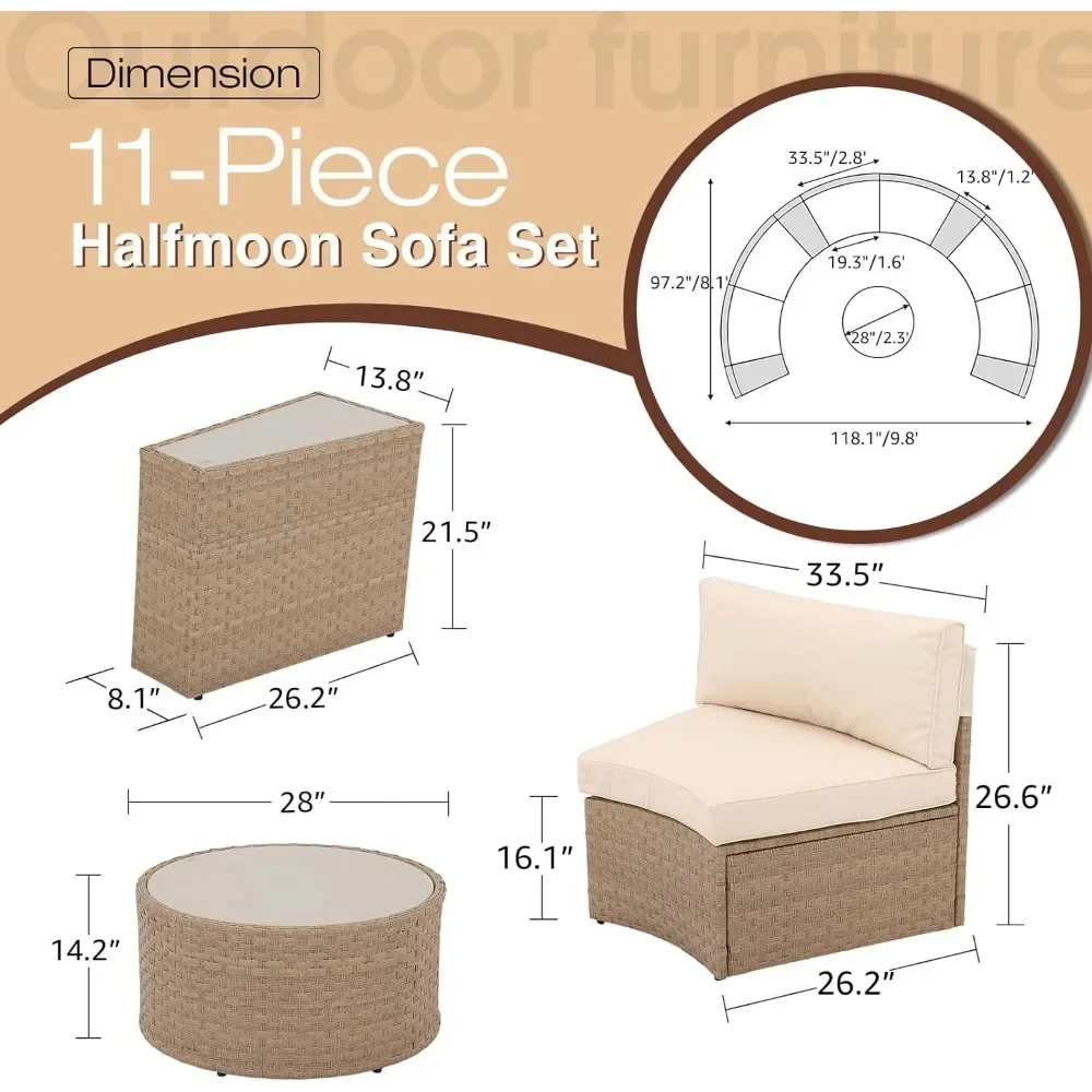 Half Moon Sectional Round Patio Furniture Set, Curved Outdoor Sofa with Tempered Glass, Round Coffee Table, 4 Pillows, 11 Pcs