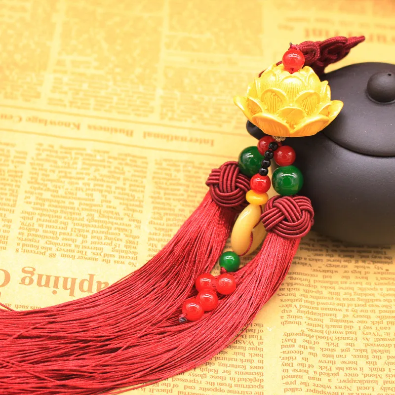 Chinese Knot Natural Obsidian Carved Lotus God of Fortune Amulet Lucky Pendant Silk Tassel keychain Fashion Jewelry 2022