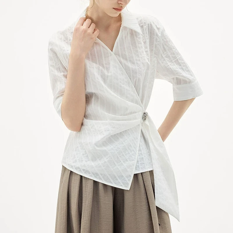 

French Textured Ribbon Blouse for Women Summer Irregular Frilled Collar Fitted Waist Shirt with Sleeve White Blouse Office Lady