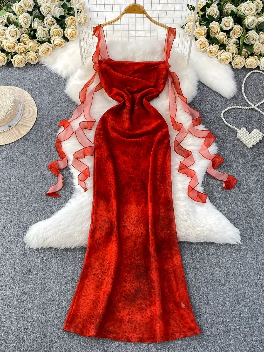 Foamlina francés Retro elegante Tie Dye cuello vuelto vestido de tirantes Halter mujeres diseño de verano sentido fluido cinta cola de pez Maxi vestido