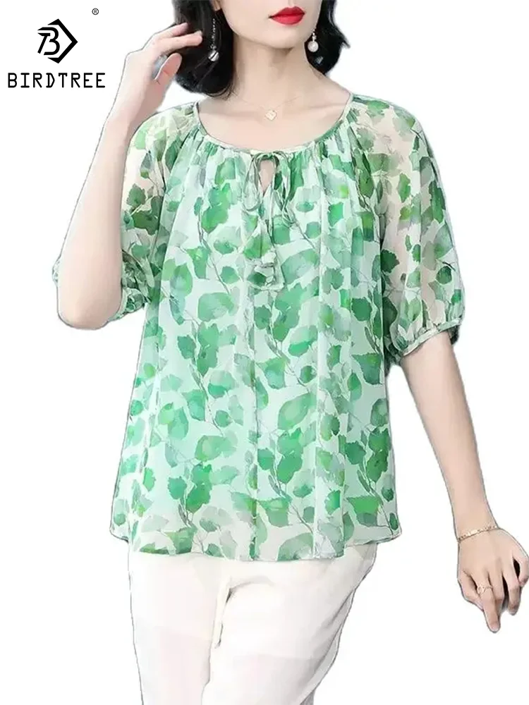 

BirdTree 100%Mulberry Silk Shirt for Women, Chiffon O-Neck Half Sleeve Print, Loose OL Blouses, 2024 Spring New Tops T42313QM