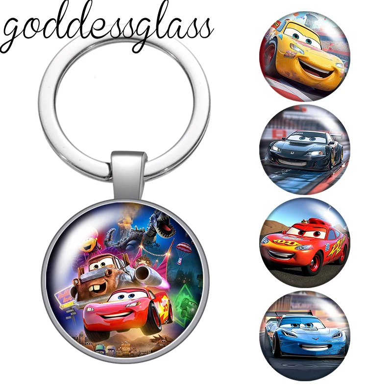 Disney Pixar McQueen Mater Jackson Photo glass cabochon keychain Bag Car key chain Ring Holder Charms keychains gift