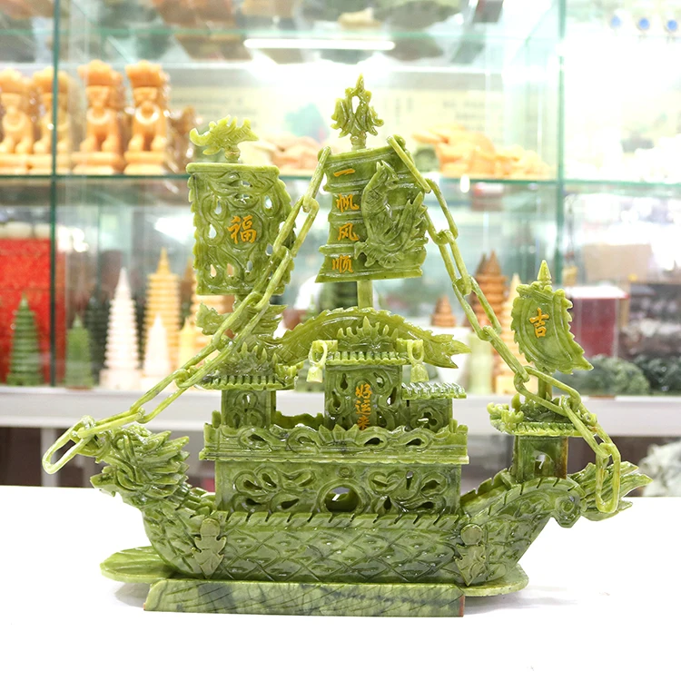 Jade 38cm Luxury Sails Smooth Dragon Boat Ornaments Jade Carving Collection Crafts Gifts Living Room TV Cabinet Decoration