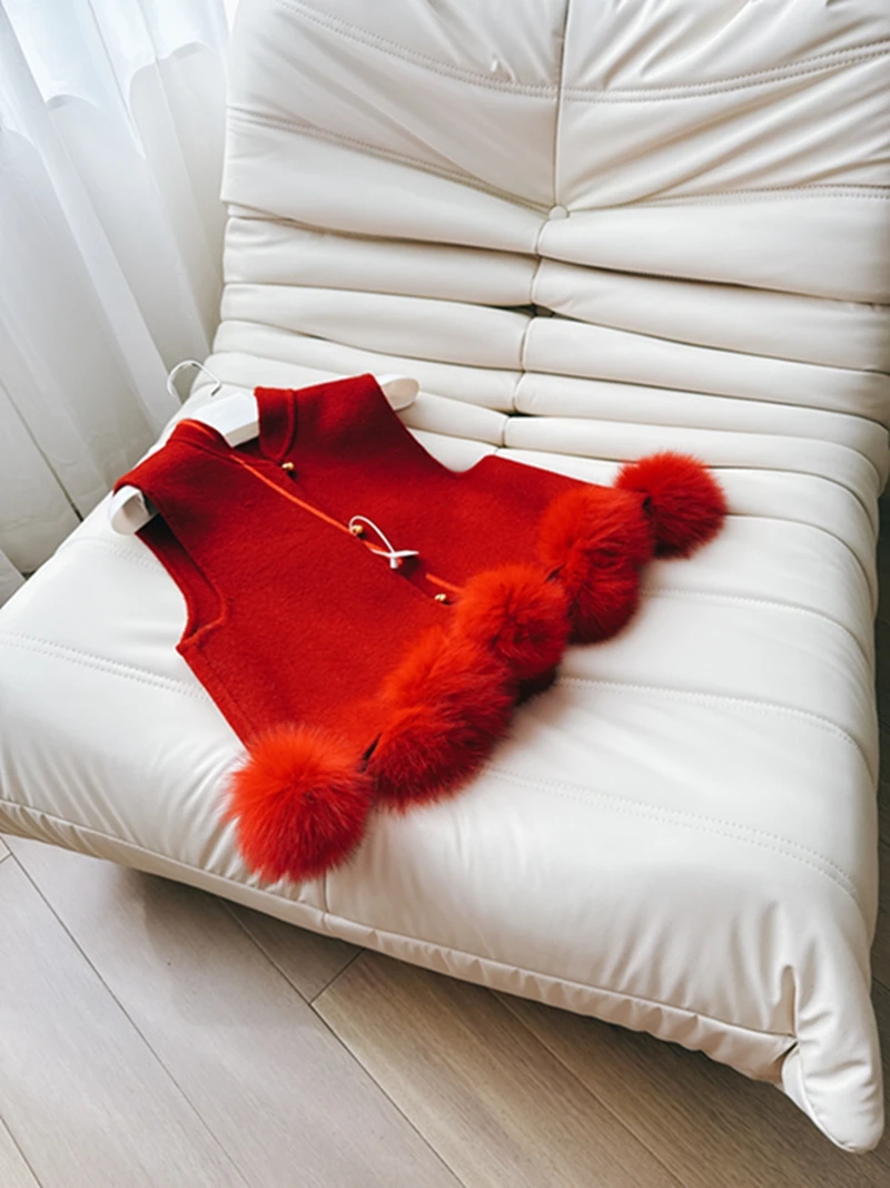 

Red Double-Faced Wool Silk Vest White Enhancing Fur Ball New Year Sle Versatile Autumn Winter Women's Faion Vest