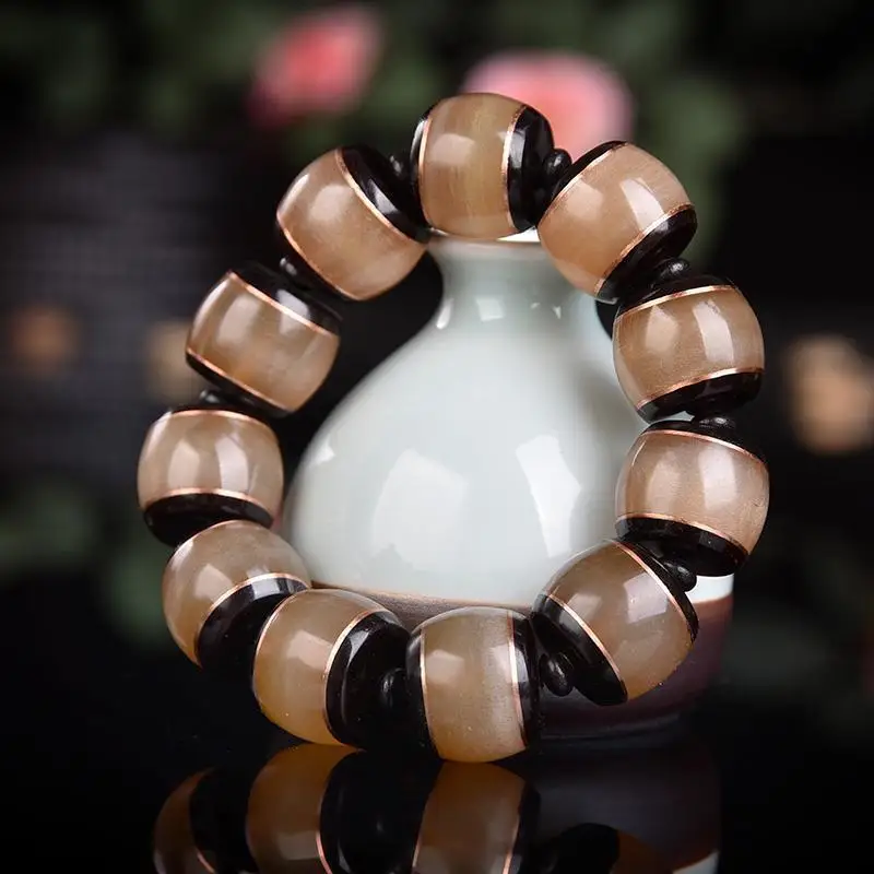 Natural Sheep Horn , Tibetan-Style Bracelet With Blood-Red Inlaid Small-Leaf Rosewood , Buddhist Prayer Beads