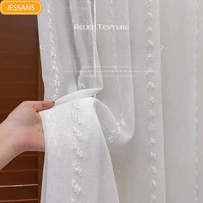New White Yarn Stripe Cotton Linen Thickened Window Screen Curtains for Living Room Bedroom Window Customized French Window