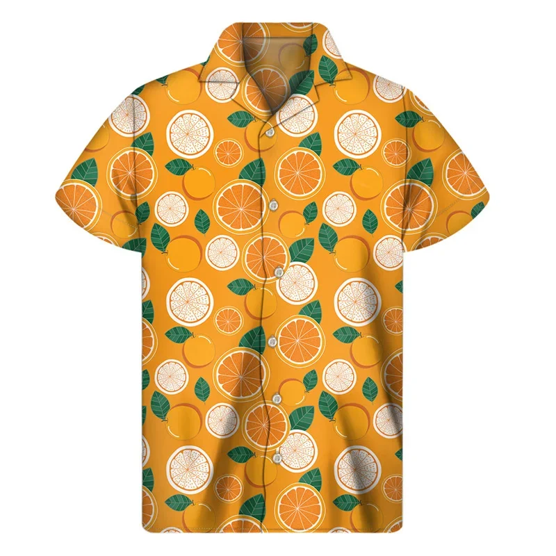 Camisa havaiana com padrão de frutas masculinas, Banana, Laranja, Dragão, Fruta, Estampada, Manga curta, Botão de lapela, Top, Verão, 2022