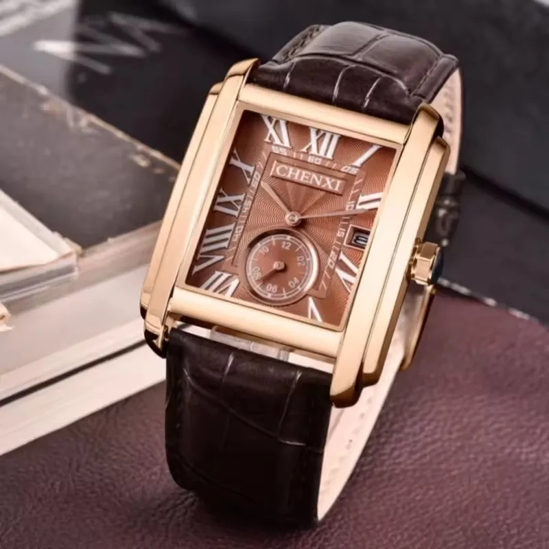 CHENXI 8216 męski zegarek kwarcowy na co dzień wodoodporny skórzany pasek kalendarz elegancka kwadratowa tarcza prosty i klimatyczny męski zegarek