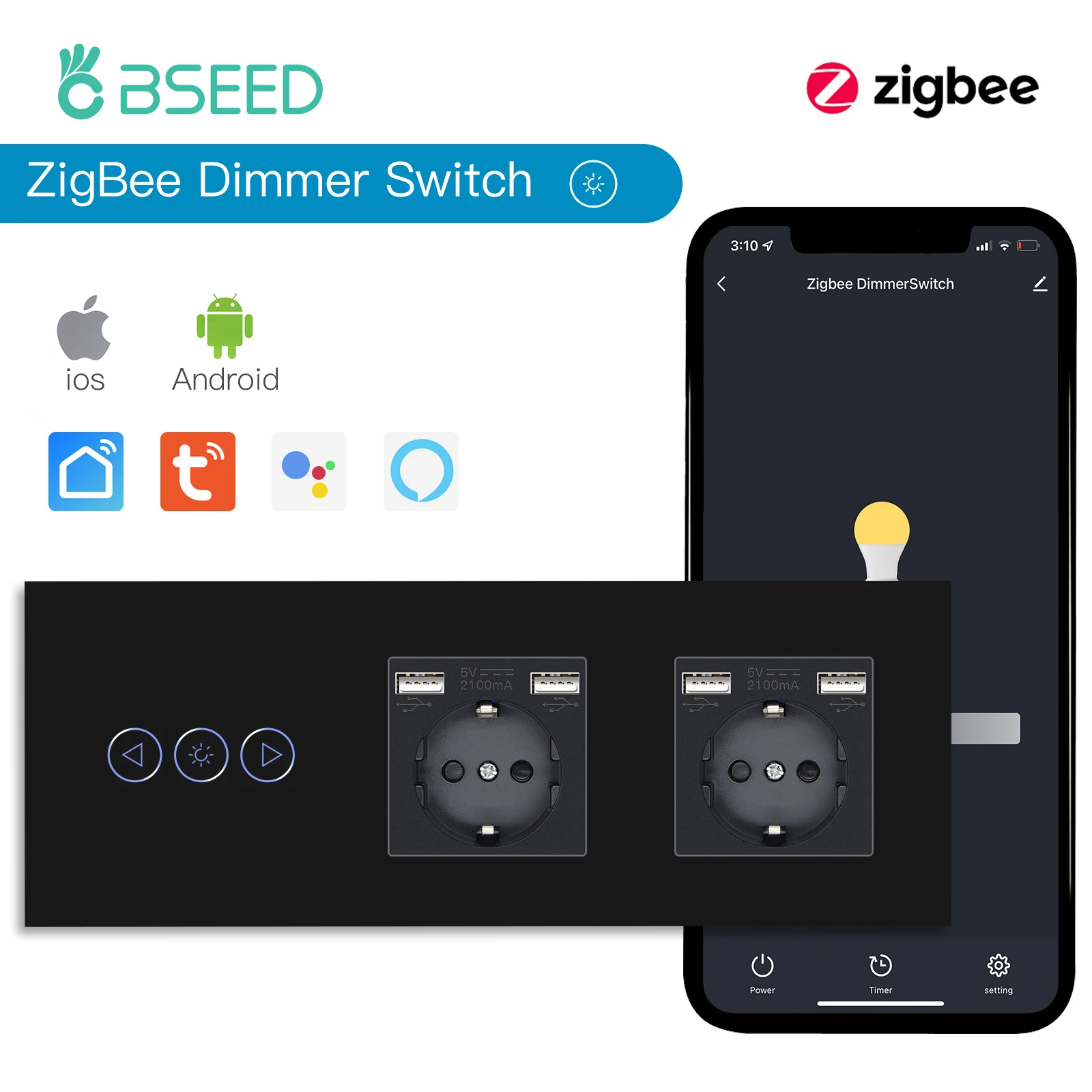 BSEED Zigbee dimmeren Tuya APP-bediening Smart LED dimbaar serie glas Google Alexa Smart Dimmer Touch-schakelaars Zwart