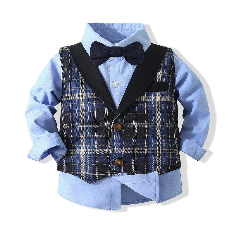 Baby Boy Gentleman Suit Spring Autumn Blue Shirt With Bow Tie+ Plaid Vest + Trousers 3Pcs Formal Kids Wedding Party Clothes Set