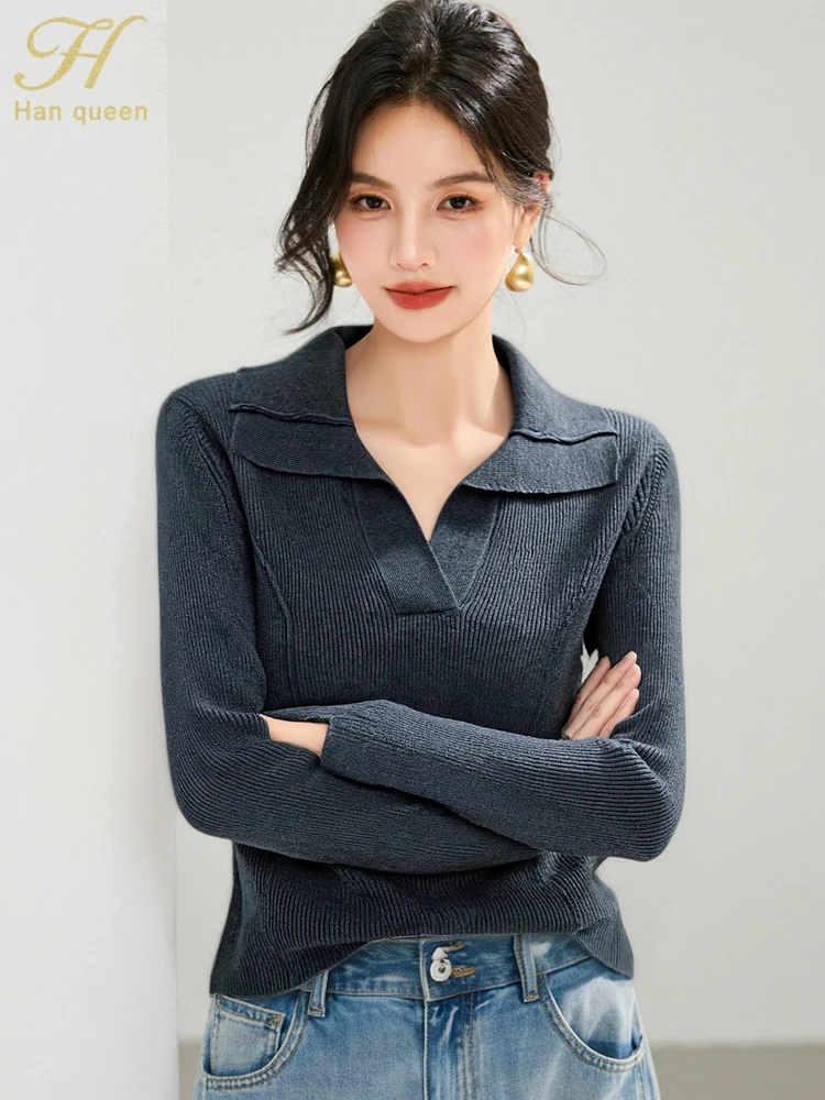 

H Han Queen New Autumn Women Pullovers Vintage Clothing Elegant Korean Loose Knit Sweater Female Chic Casual Long Sleeve Tops﻿