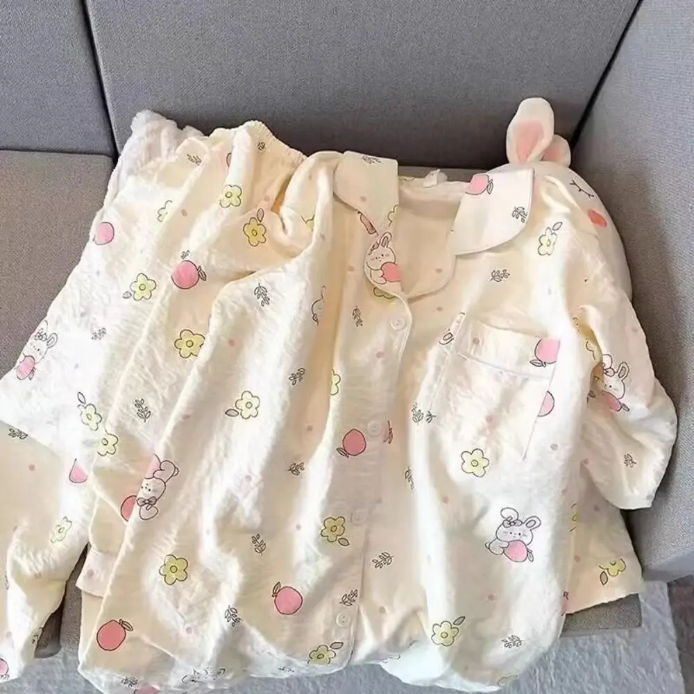 

Comfortable Rabbit Pajamas Women V-neck Loose Cartoon Sleepwear Cute Ruffle Long Sleeve Homewear Girl