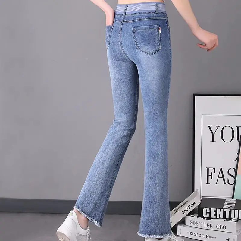 Moda coreana mulher de cintura alta calças jeans primavera verão nova roupa elástico bolsos denim fino sólido casual flare calças 2023