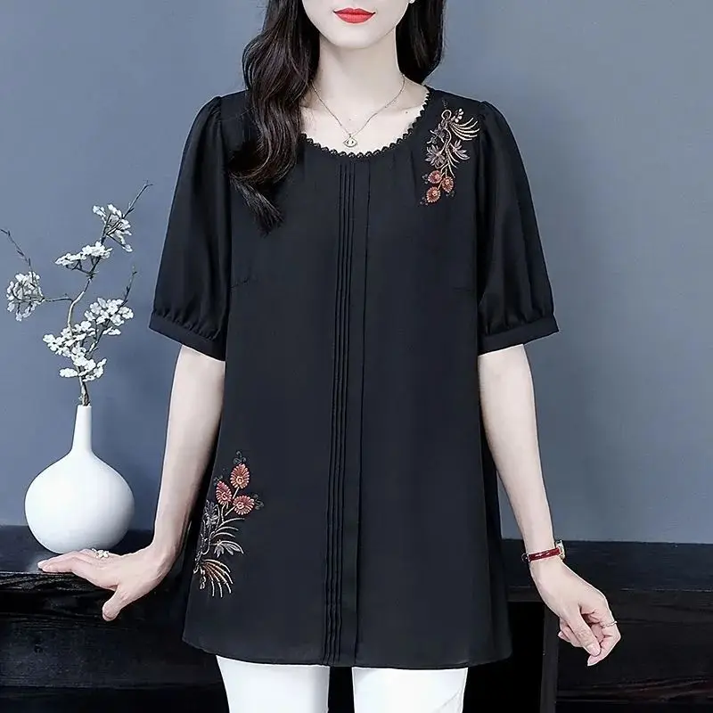 Temperament Summer Thin Style Women's O-Neck Embroidered Crimping Fashion Casual Loose Short Sleeve Mid-length Shirts Tops