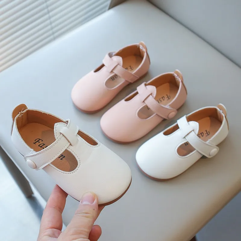 Girl\'s Princess Shoes Beige Pink T-strap Classic Kids Mary Janes Pu Leather Four Seasons Daily Toddler Children Flat Shoe 21-30