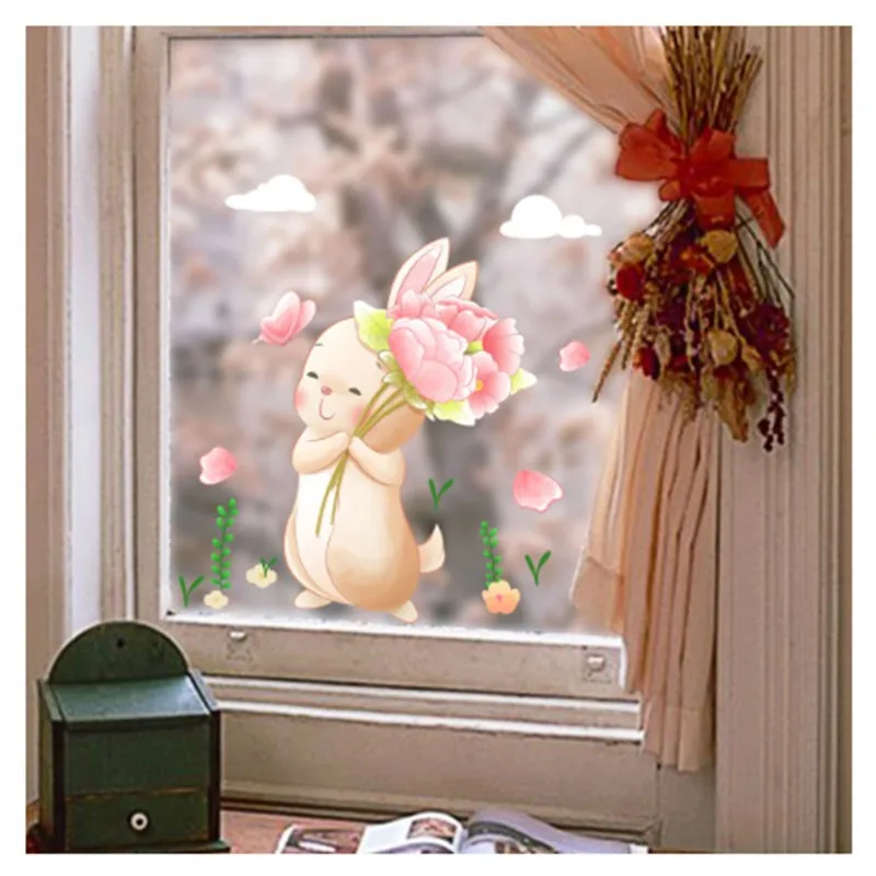 

27*40 см мультяшные животные кролик облака наклейки на стену гостиная электростатические наклейки окна декоративные наклейки на стену Dj4005