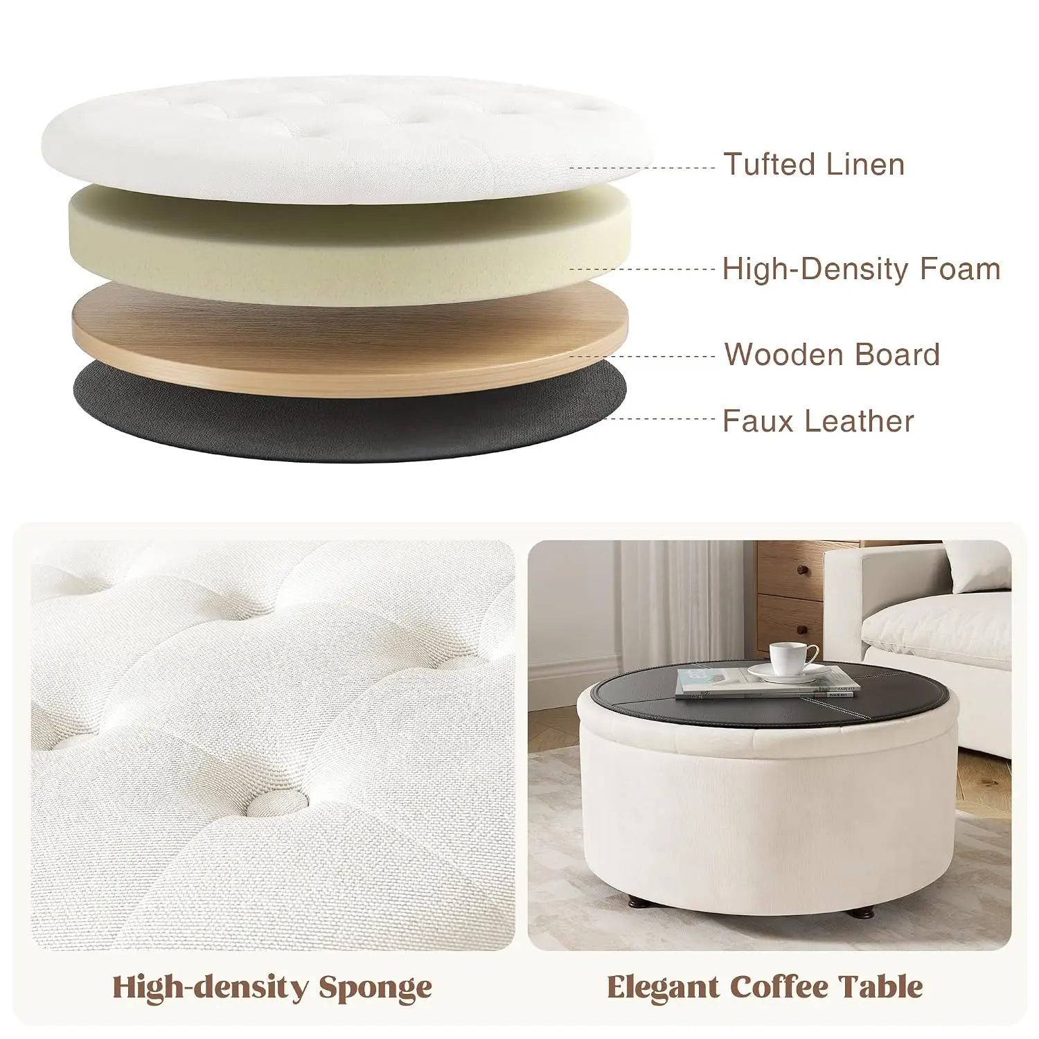 30 Inch Round Storage Ottoman Tufted Coffee Table Removable Top Upholstered Footrest Stool Bedroom Living Room, Customized