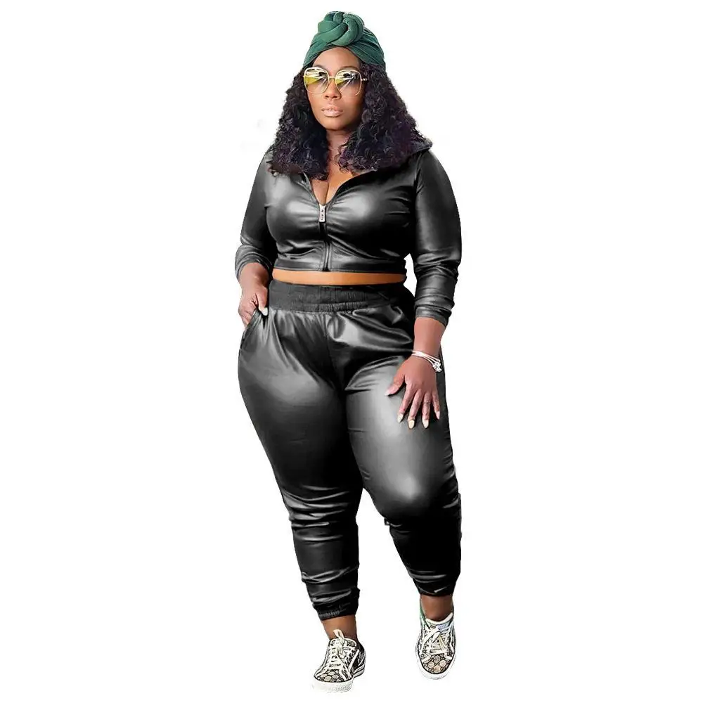 

plus Size Women's Fashion Casual Color PU Leather Two-Piece Set Cross-Border Long Sleeve Long Pants Commute Style Winter