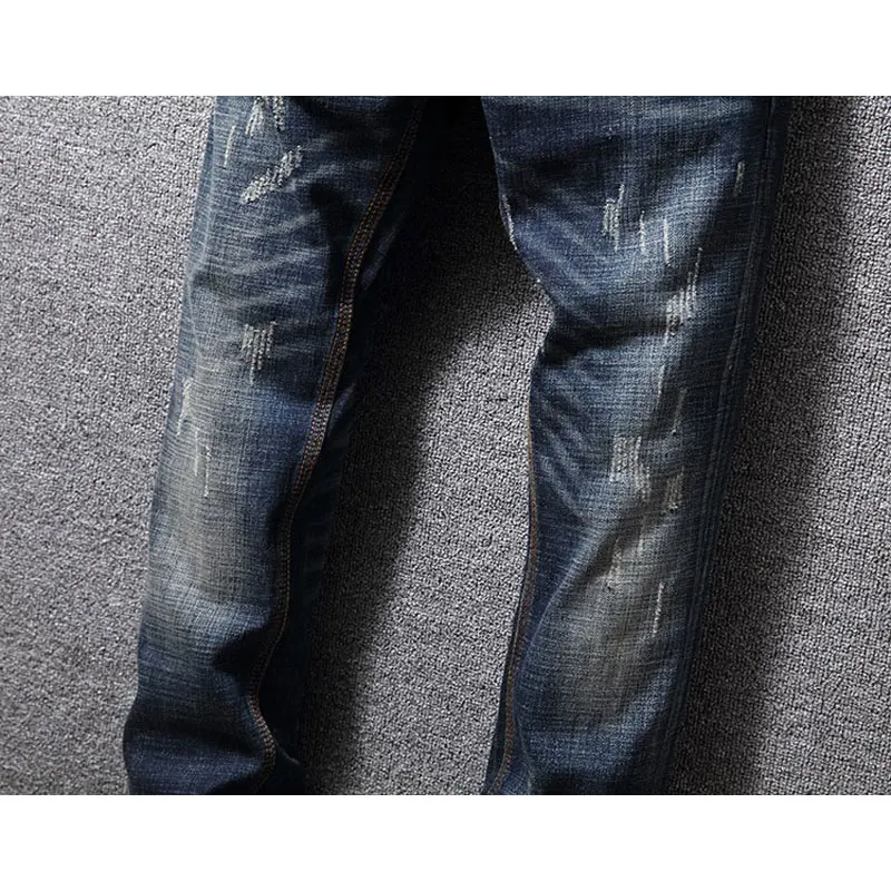 Fashion Designer Men Jeans High Quality Retro Washed Blue Stretch Slim Fit Ripped Jeans Men Vintage Casual Denim Pants Hombre