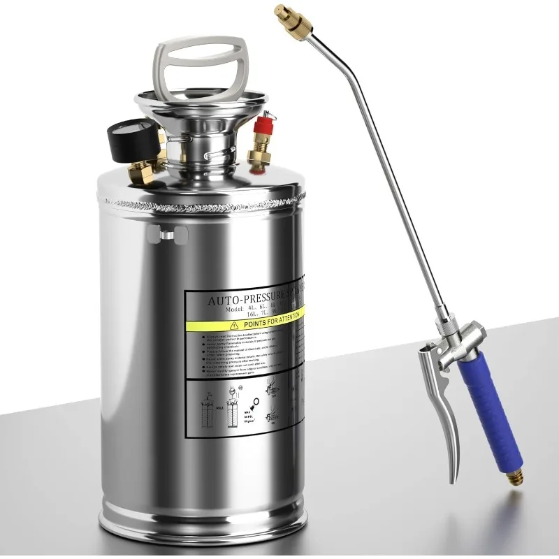 

Садовый опрыскиватель объемом 1,5 галлона, нержавеющая сталь 304, ручной насос, регулируемое сопло, палочка 16 дюймов, шланг длиной 3,3 фута, серебристый