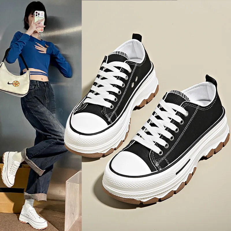 2024 Spring and Autumn New Fashion Thick Soled Canvas Height Increasing Women Casual Sports Shoes Women Canvas Flat Shoes