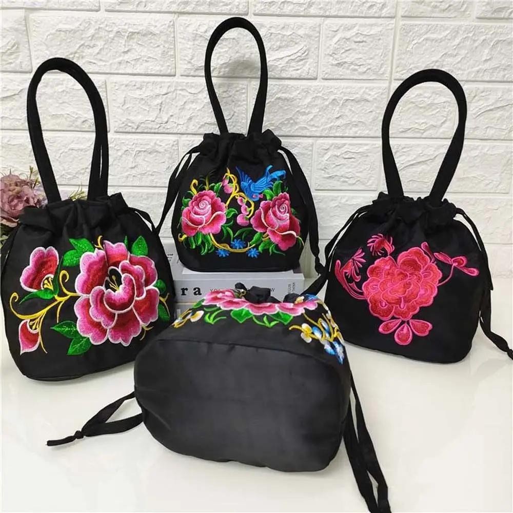 Satin Silk Hanfu Drawstrings Bag Ethnic Style Mommy Bag Embroidery Flower Handbag Rose Flower Lunch Bag Small Purse Wallet