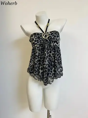 여성 의류 여름 자르기 탑 2025 Ropa Mujer Halter Backless TLoose Vest Sweet Korean Camis Korean Leopard Print 섹시한 탱크