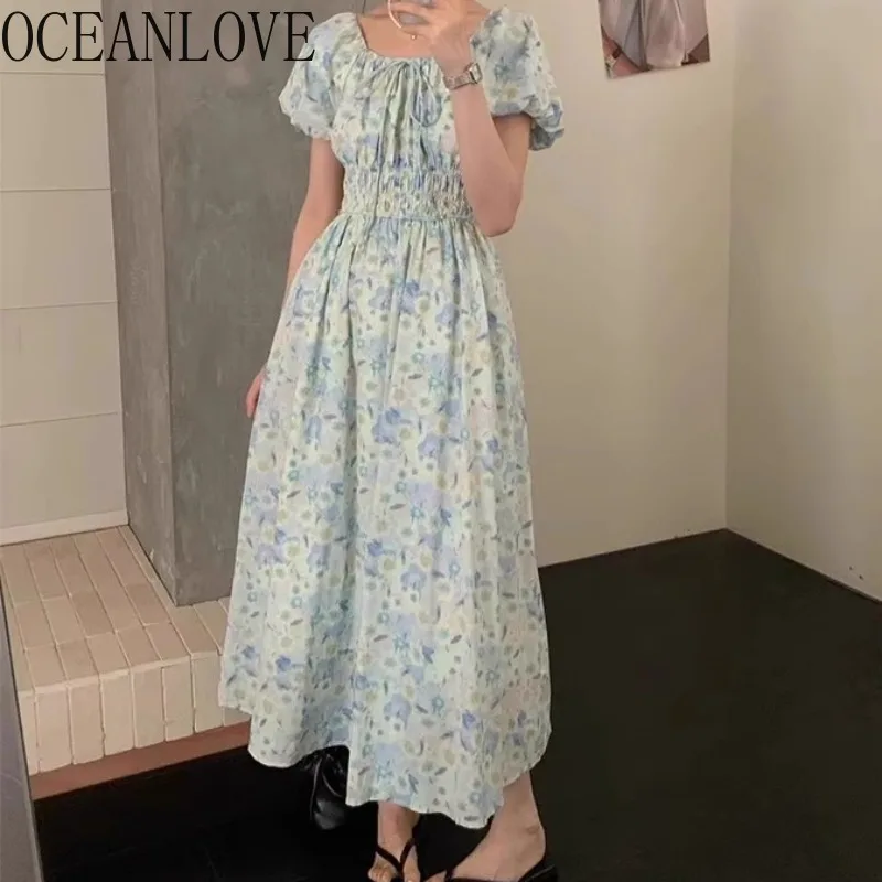 

OCEANLOVE Sweet Floral Women Dresses Korean Fashion Vintage Chic Long Dress A-line Spring Summer Elegant Vestidos Mujer