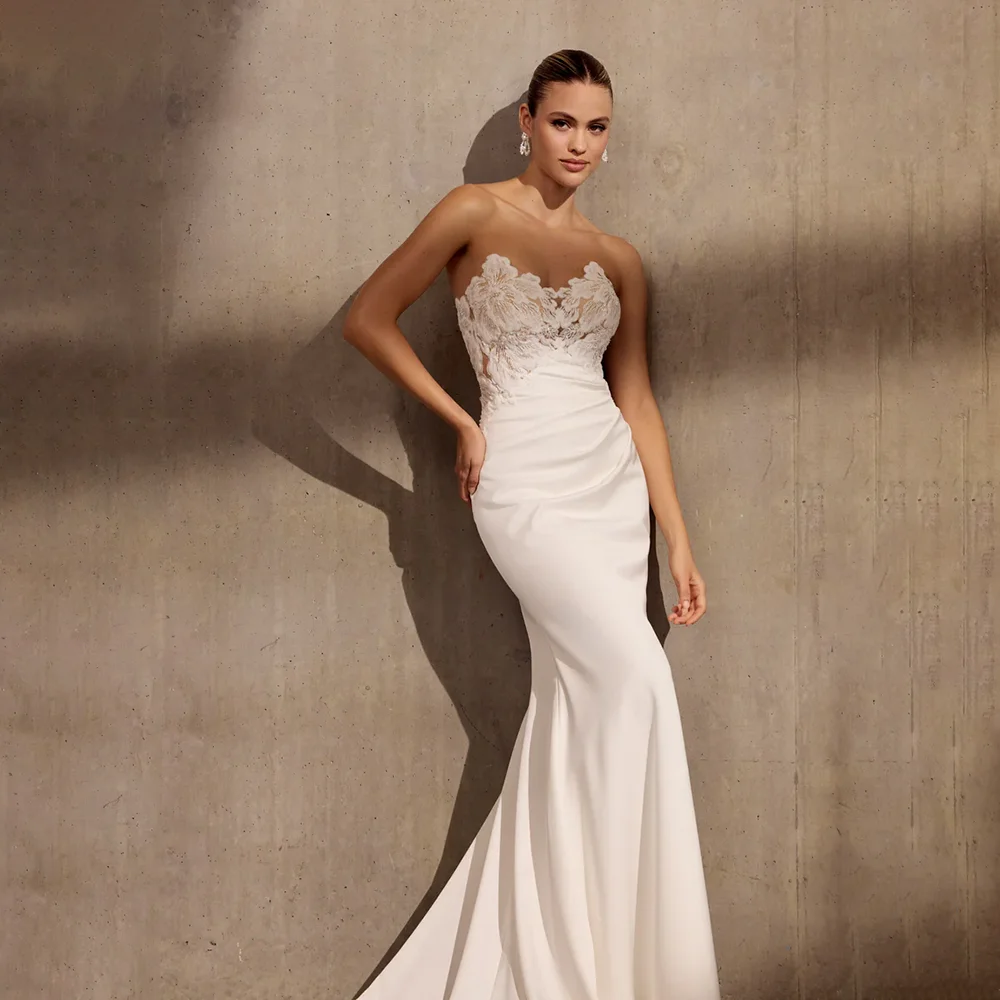 Strapless Mermaid Wedding Dress 2026 Lace Applique Sheer Bodice Satin Bridal Gown With Long Train Backless Ruched Wedding Dress