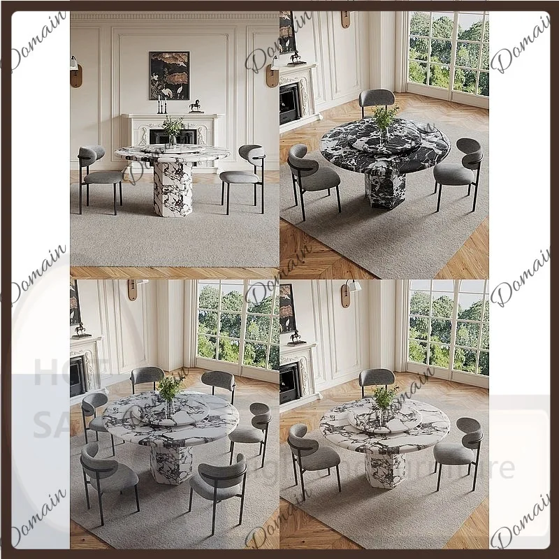 VP French Vintage Round Marble Dining Table with Lazy Susan for Small Space Home