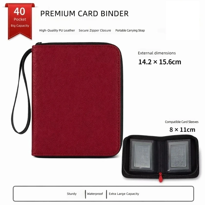  Small Card Organizers Binder with Sleeves, Zippered PU Leather Card Album and Wrist Strap, 40 Sleeves 66 x 91 mm Carry Case